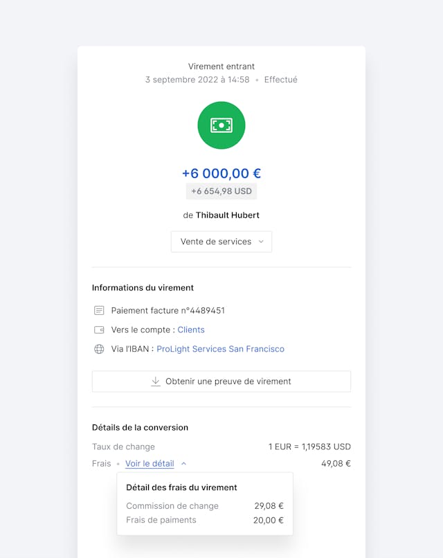 Interface détaillant les informations d'un virement entrant en devise, et sa conversion.